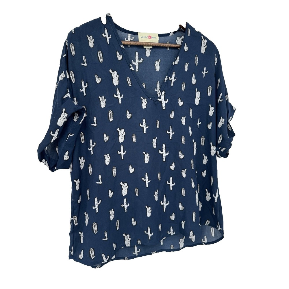 Wishful Park XL‎ Top blue Cactus Graphic rodeo cowgirl semi sheer short sleeve